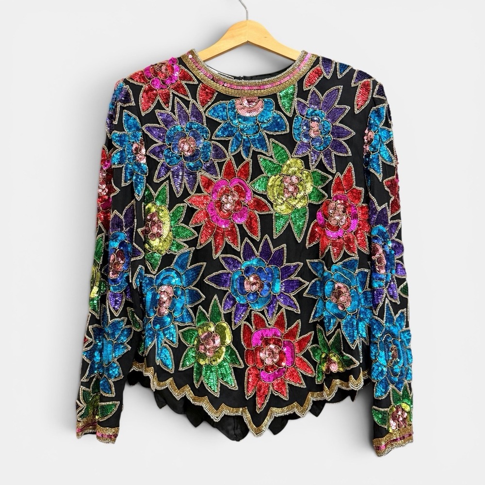Vintage 80s Carina Pure Silk Floral Sequin Long Sleeve Blouse XL